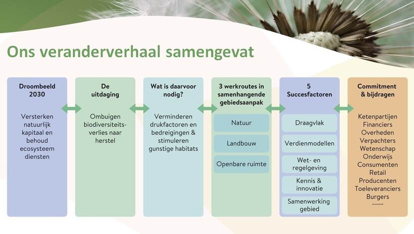 Het veranderverhaal van de Stichting Deltaplan Biodiversiteitsherstel in een schema samengevat. Hierin staat het droombeeld voor 2030, de uitdaging en wat daarvoor nodig is. Daarnaast de 3 werkroutes in samenhangende gebiedsaanpak, de 5 succesfactoren en de ketenpartijen van wie commitment en bijdragen worden gevraagd.